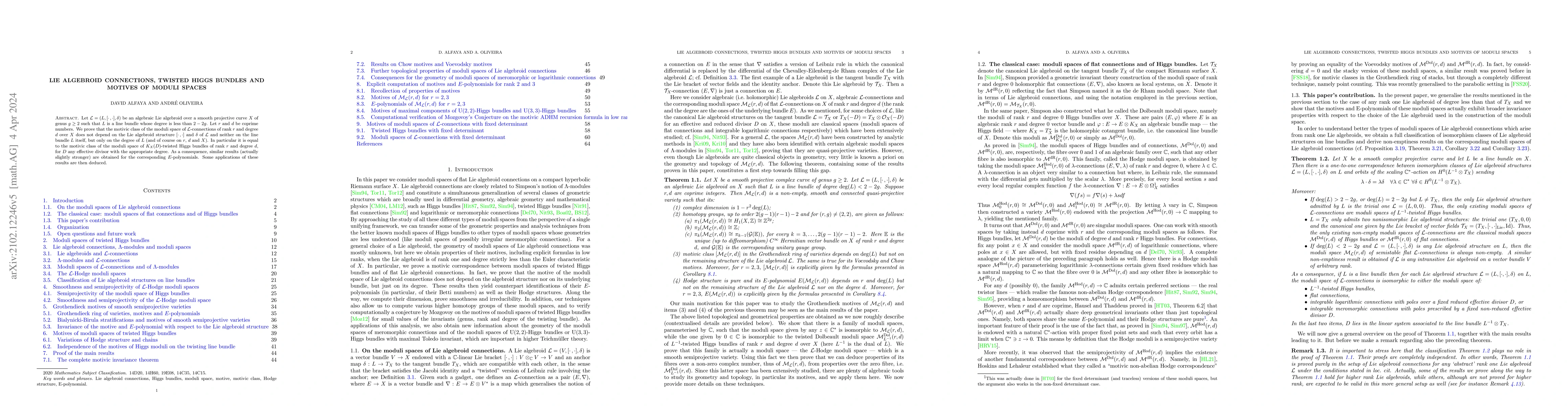 Thumbnail for Lie algebroid connections, twisted Higgs bundles and motives of moduli
  spaces