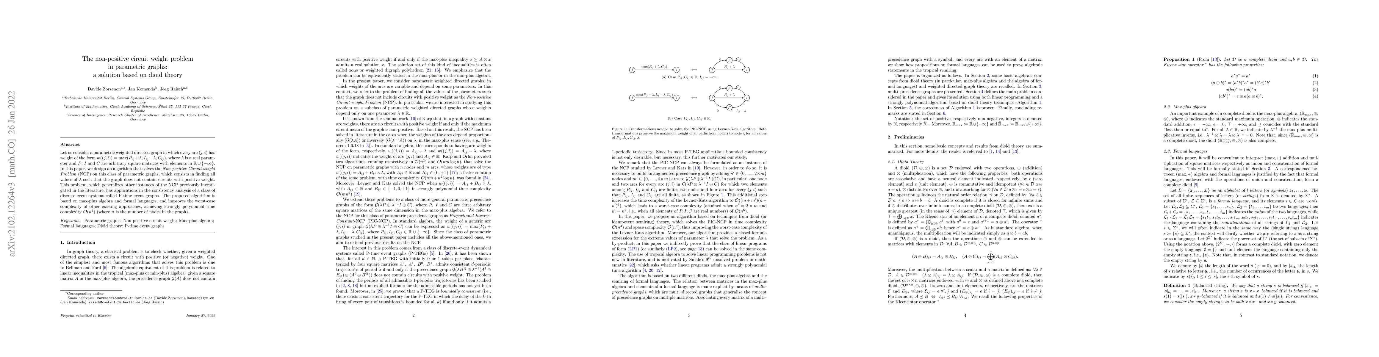 Thumbnail for The non-positive circuit weight problem in parametric graphs: a solution
  based on dioid theory