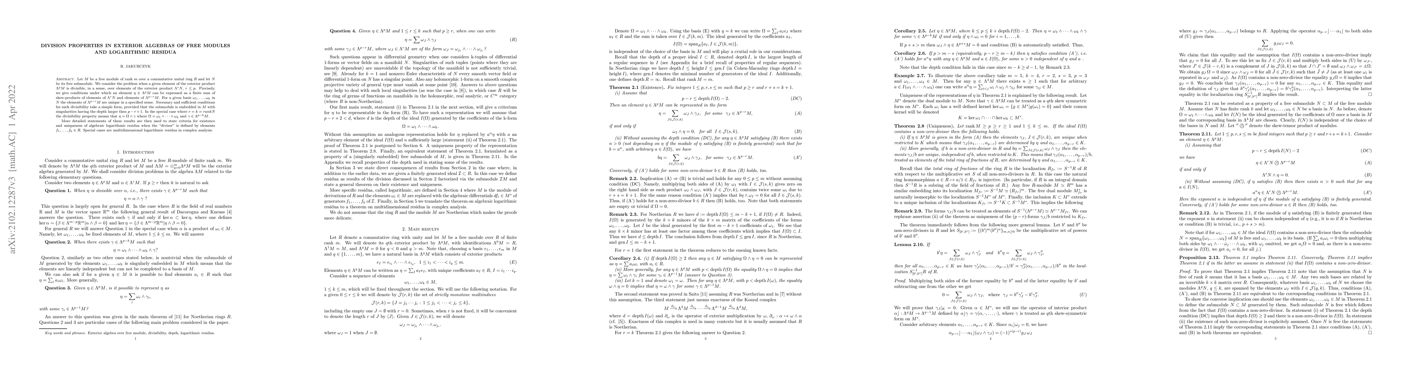 Thumbnail for Division properties in exterior algebras of free modules and logarithmic
  residua