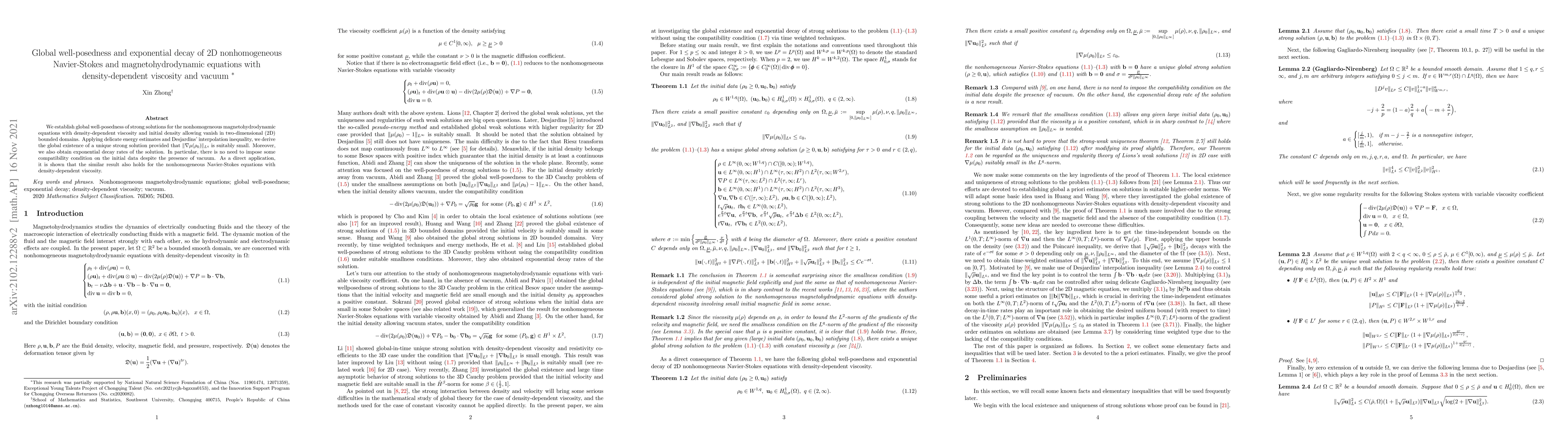 Thumbnail for Global well-posedness and exponential decay of 2D nonhomogeneous
  Navier-Stokes and magnetohydrodynamic equations with density-dependent
  viscosity and vacuum