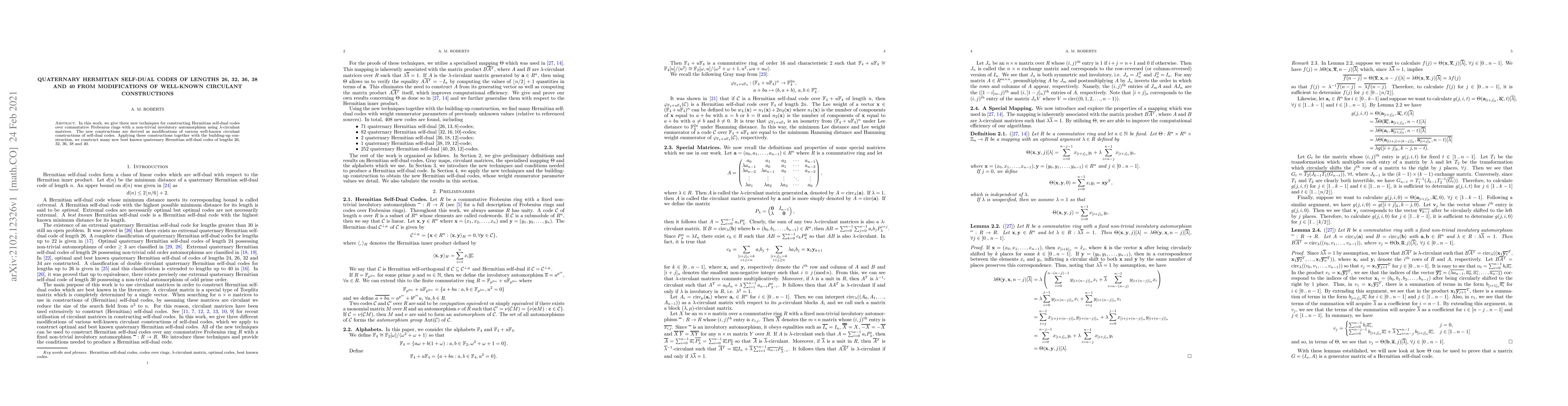 Thumbnail for Quaternary Hermitian self-dual codes of lengths 26, 32, 36, 38 and 40
  from modifications of well-known circulant constructions
