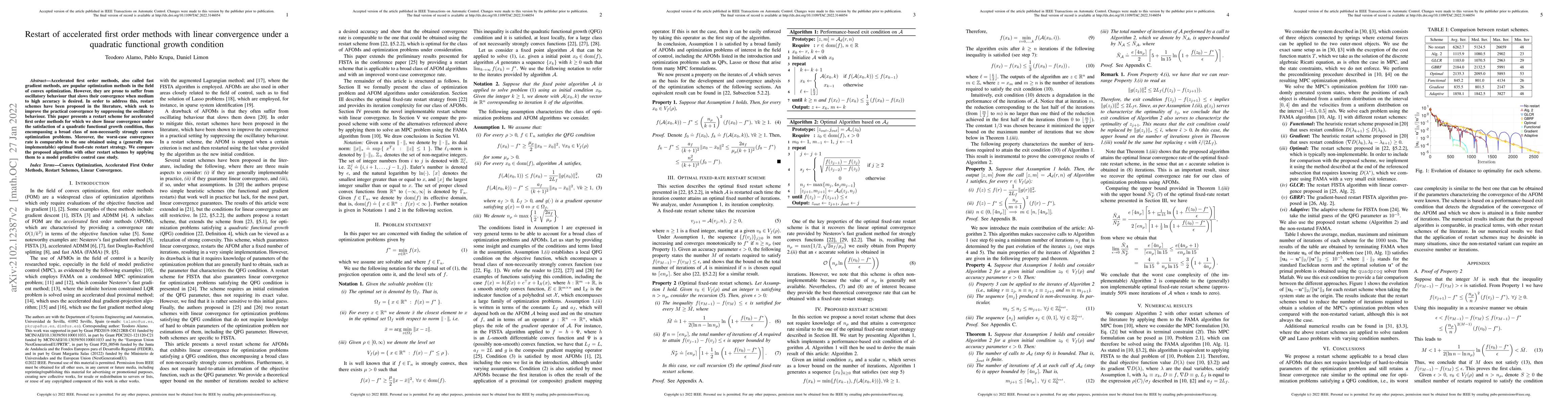 Thumbnail for Restart of accelerated first order methods with linear convergence under
  a quadratic functional growth condition