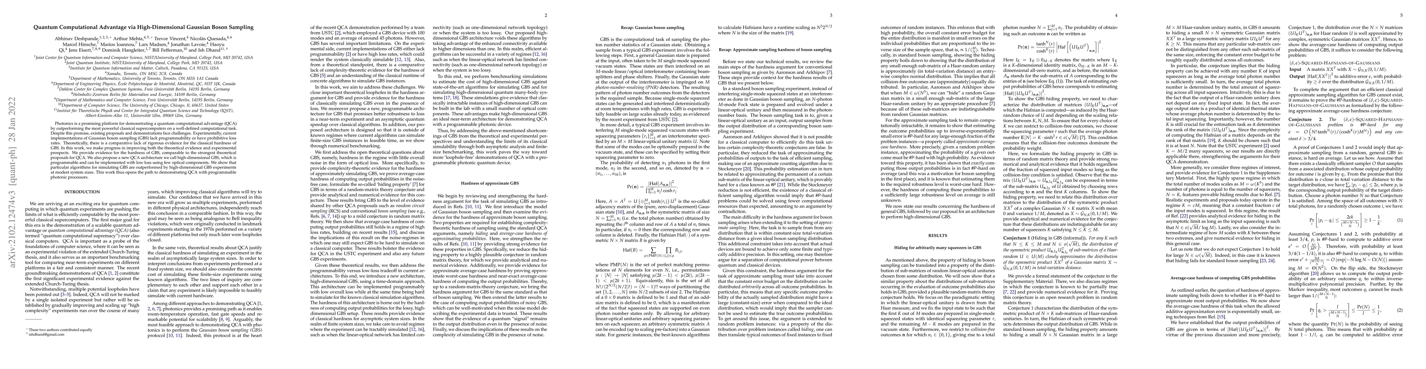 Thumbnail for Quantum Computational Advantage via High-Dimensional Gaussian Boson
  Sampling