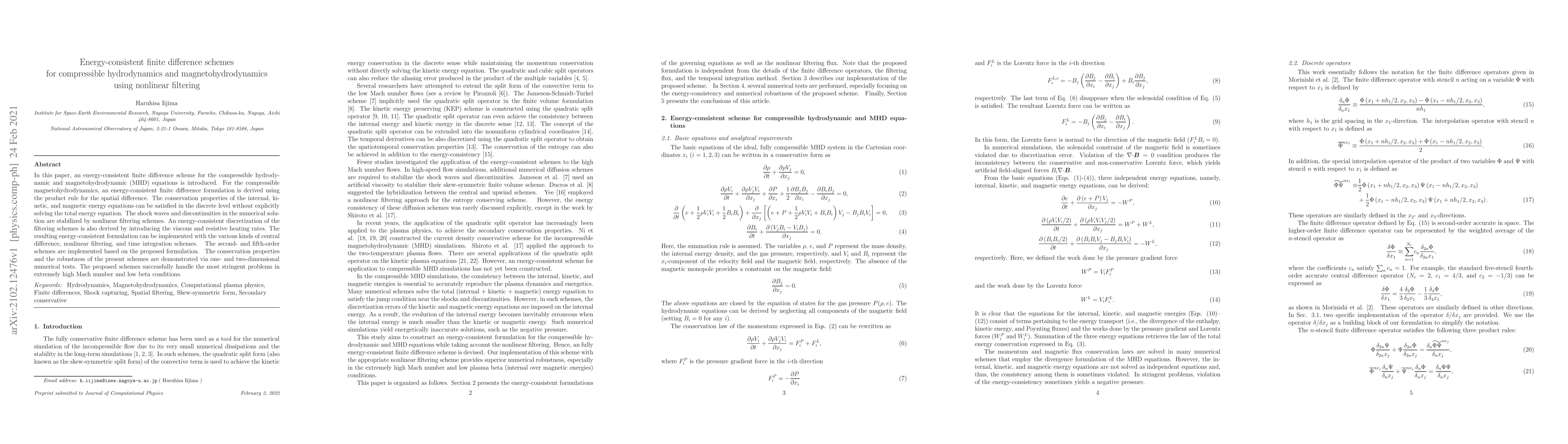 Thumbnail for Energy-consistent finite difference schemes for compressible
  hydrodynamics and magnetohydrodynamics using nonlinear filtering