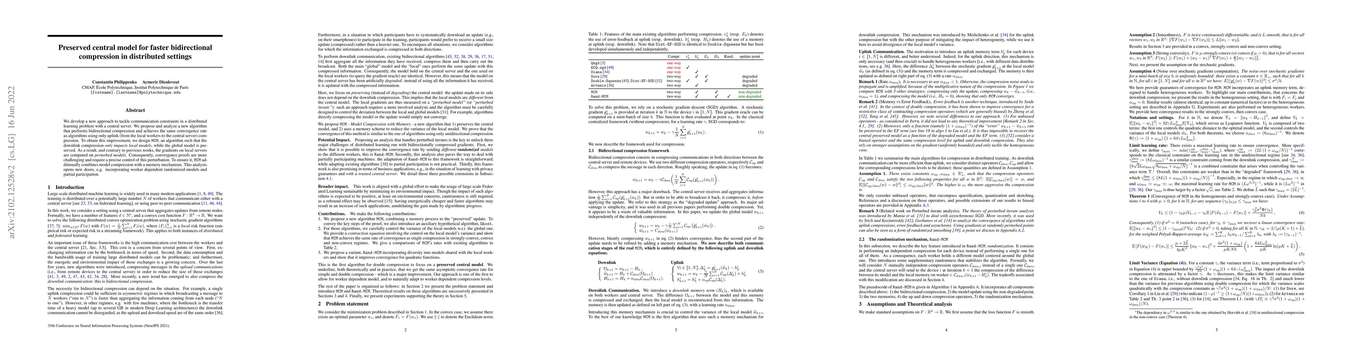 Thumbnail for Preserved central model for faster bidirectional compression in
  distributed settings