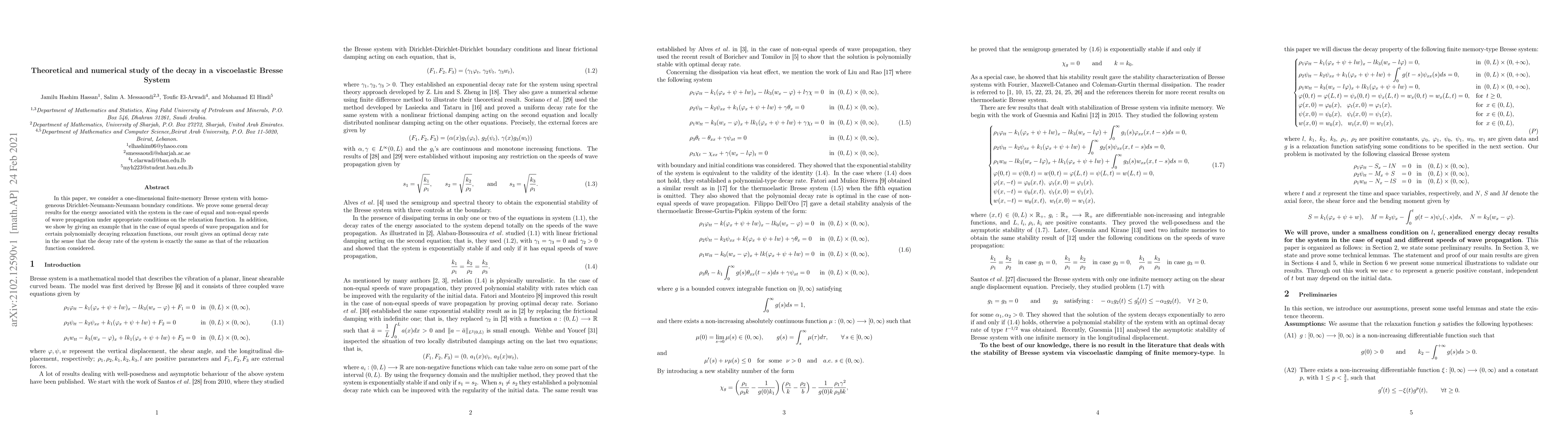 Thumbnail for Theoretical and numerical study of the decay in a viscoelastic Bresse
  System