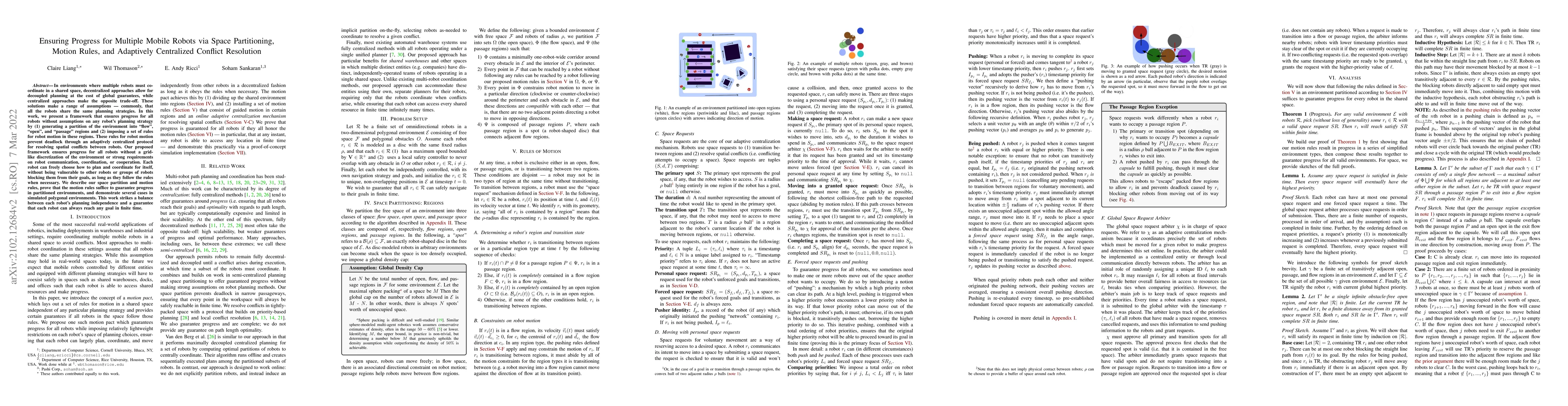 Thumbnail for Ensuring Progress for Multiple Mobile Robots via Space Partitioning,
  Motion Rules, and Adaptively Centralized Conflict Resolution
