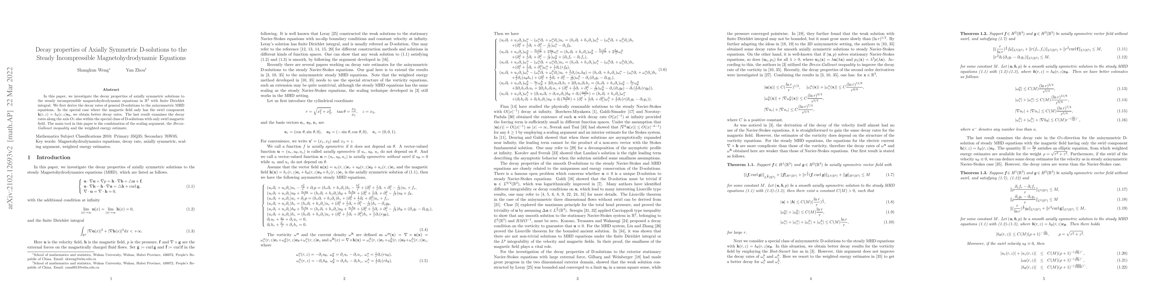 Thumbnail for Decay properties of Axially Symmetric D-solutions to the Steady
  Incompressible Magnetohydrodynamic Equations
