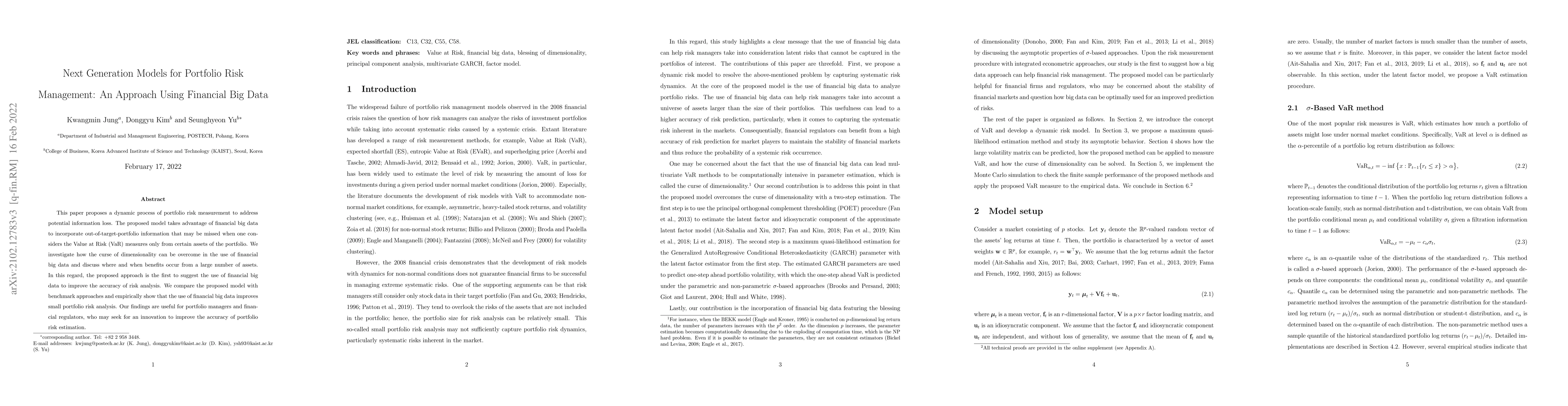Thumbnail for Next Generation Models for Portfolio Risk Management: An Approach Using
  Financial Big Data