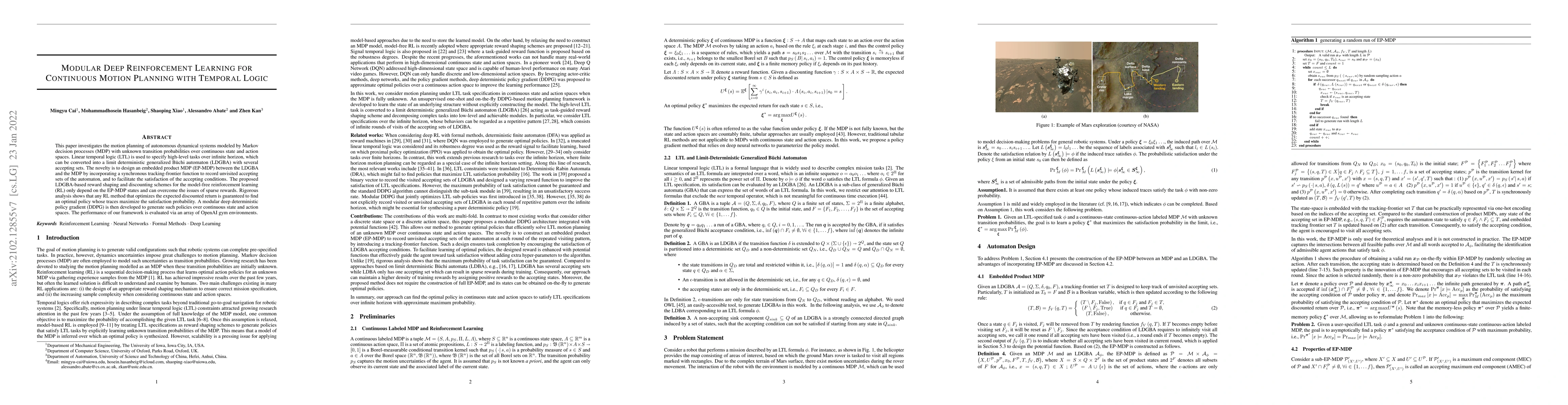 Thumbnail for Modular Deep Reinforcement Learning for Continuous Motion Planning with
  Temporal Logic