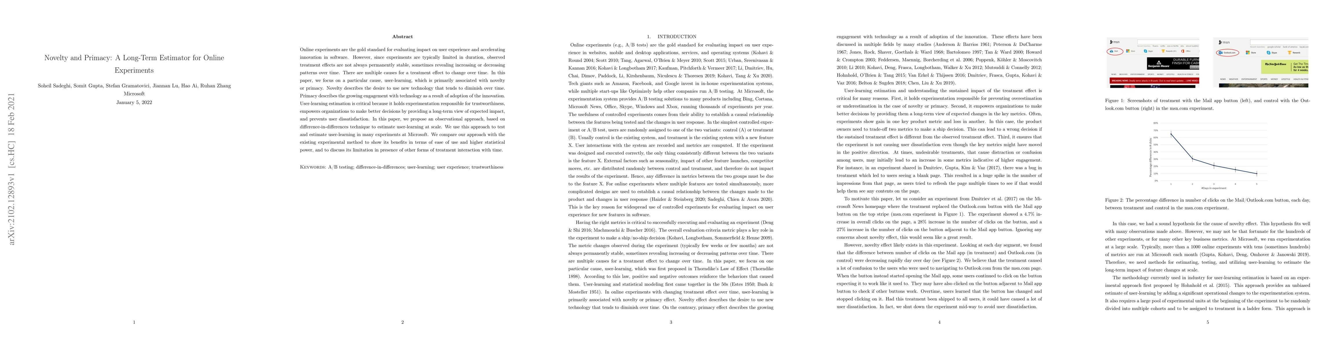 Thumbnail for Novelty and Primacy: A Long-Term Estimator for Online Experiments