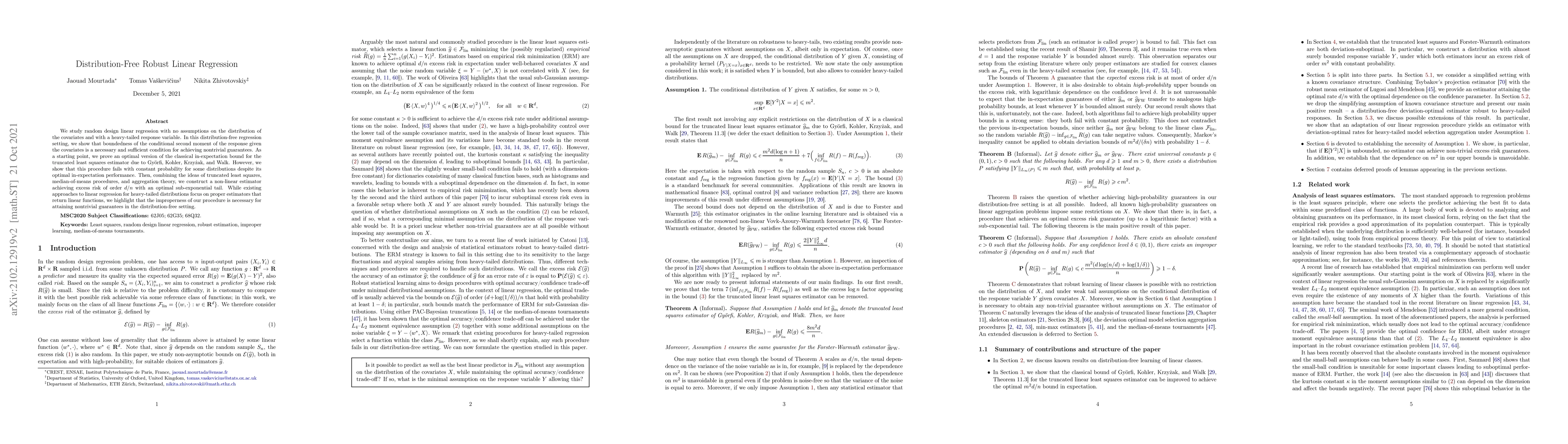 Thumbnail for Distribution-Free Robust Linear Regression