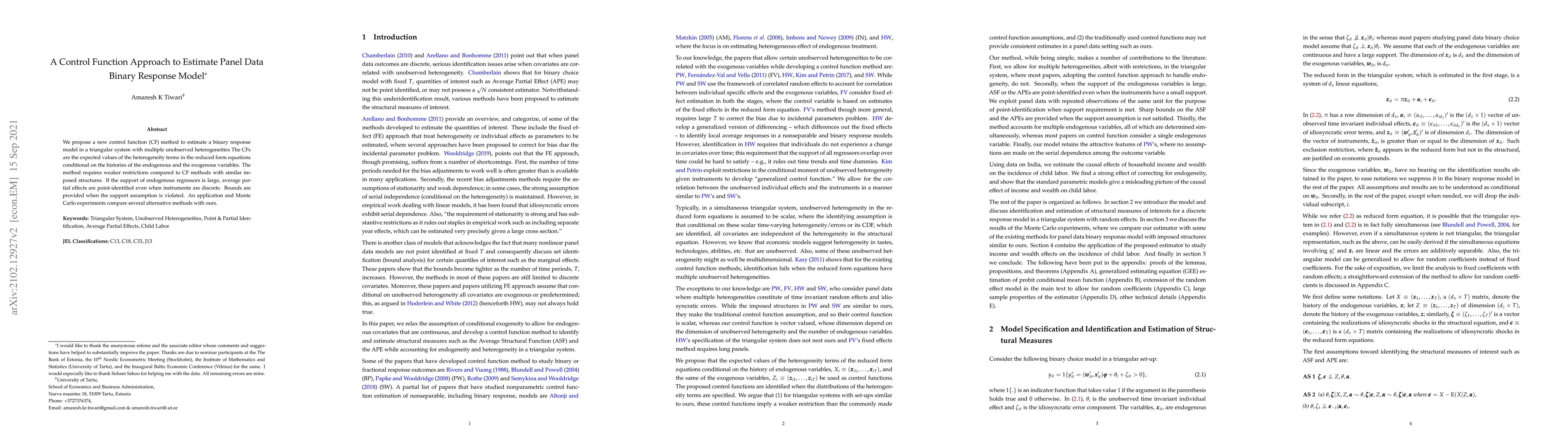 Thumbnail for A Control Function Approach to Estimate Panel Data Binary Response Model