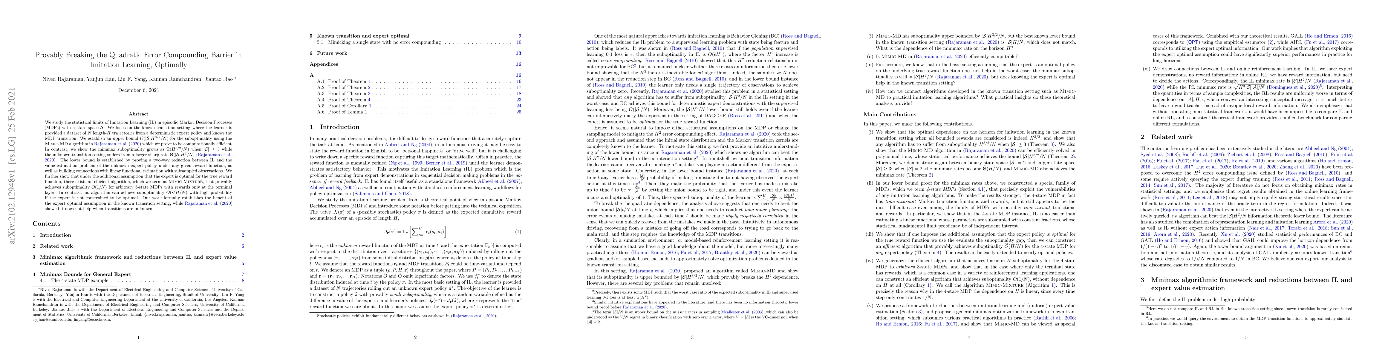 Thumbnail for Provably Breaking the Quadratic Error Compounding Barrier in Imitation
  Learning, Optimally