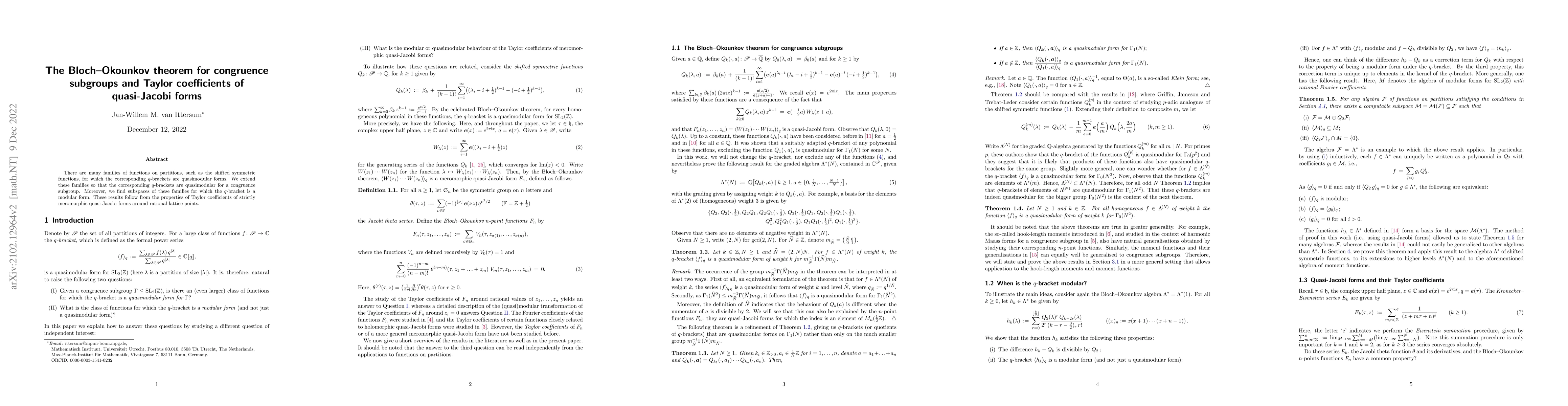 Thumbnail for The Bloch-Okounkov theorem for congruence subgroups and Taylor
  coefficients of quasi-Jacobi forms