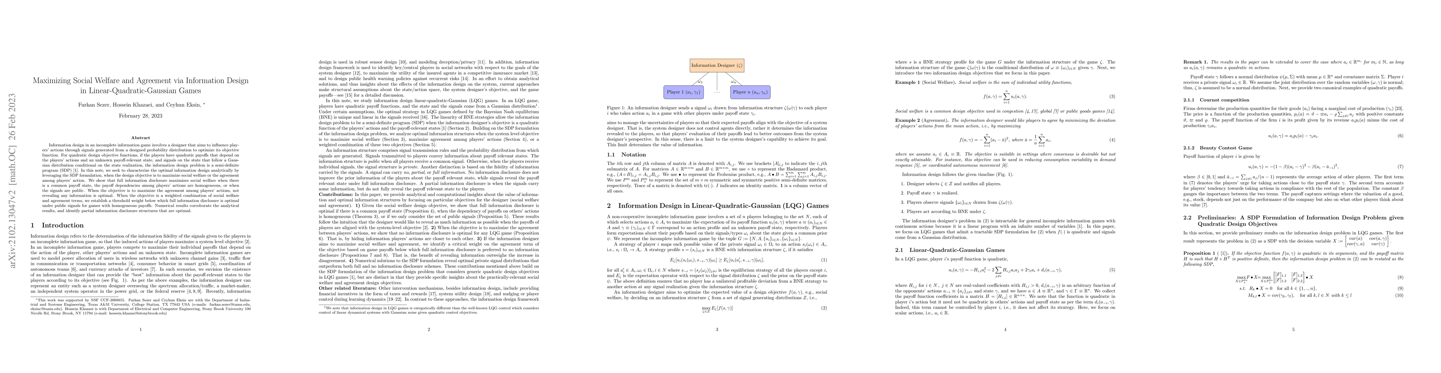 Thumbnail for Maximizing Social Welfare and Agreement via Information Design in
  Linear-Quadratic-Gaussian Games