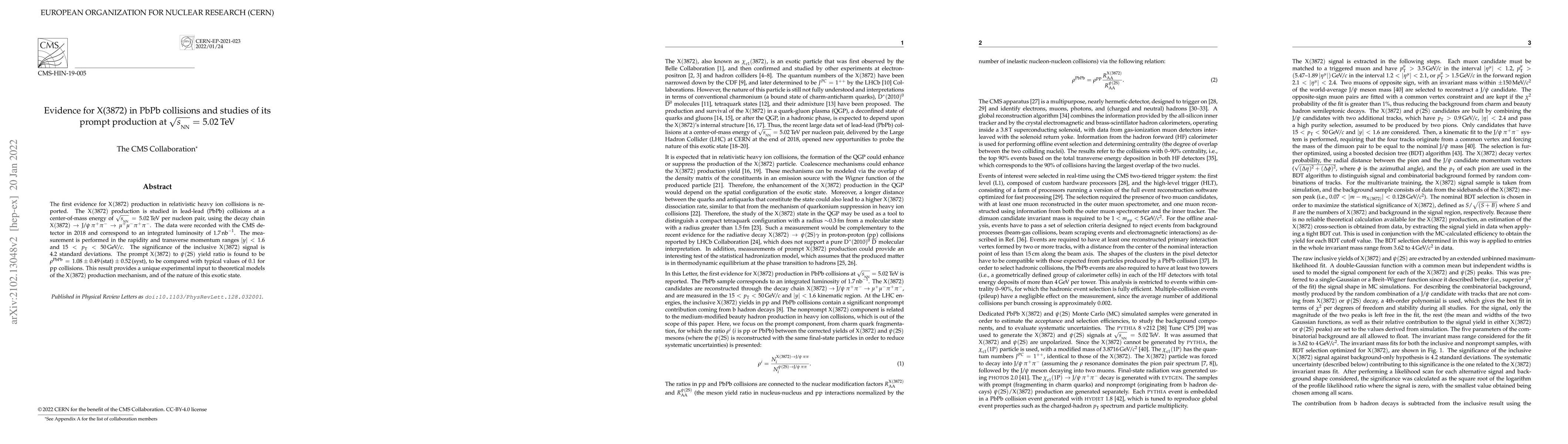 Thumbnail for Evidence for X(3872) in PbPb collisions and studies of its prompt
  production at $\sqrt{s_\mathrm{NN}} =$ 5.02 TeV