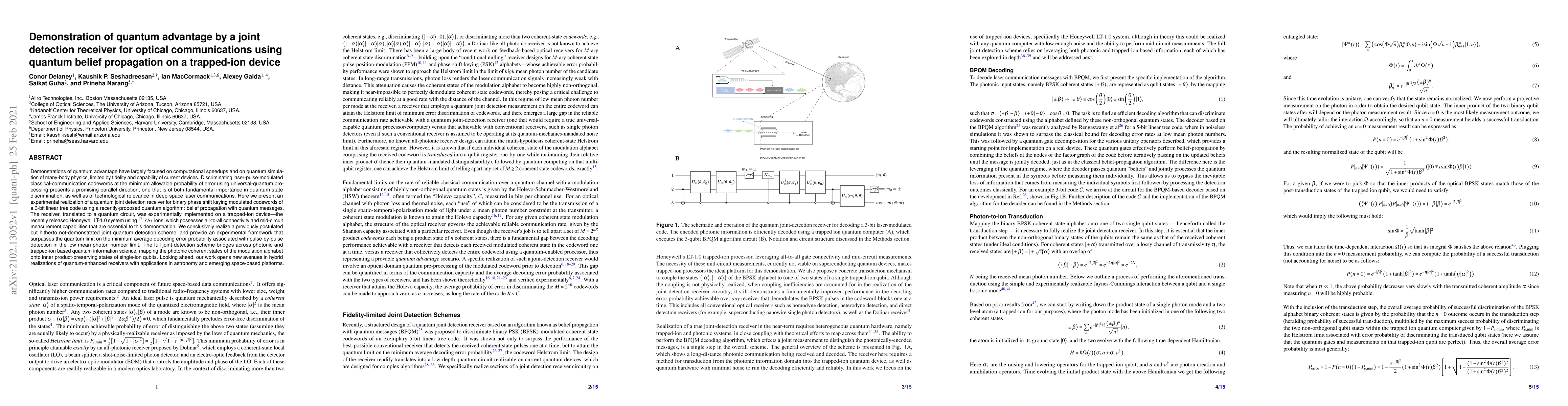 Thumbnail for Demonstration of quantum advantage by a joint detection receiver for
  optical communications using quantum belief propagation on a trapped-ion
  device