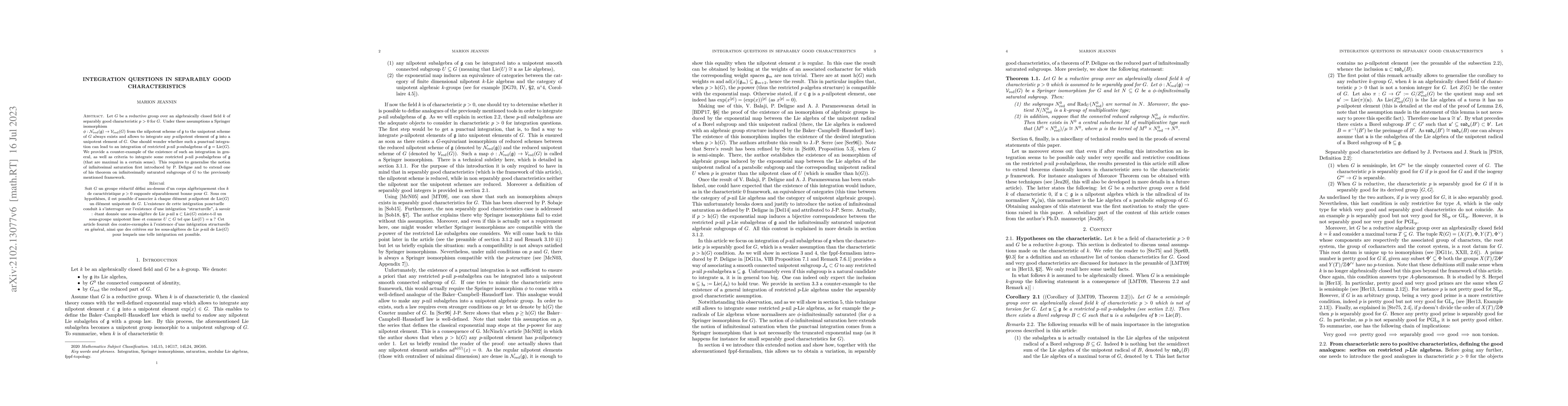 Thumbnail for Integration questions in separably good characteristics