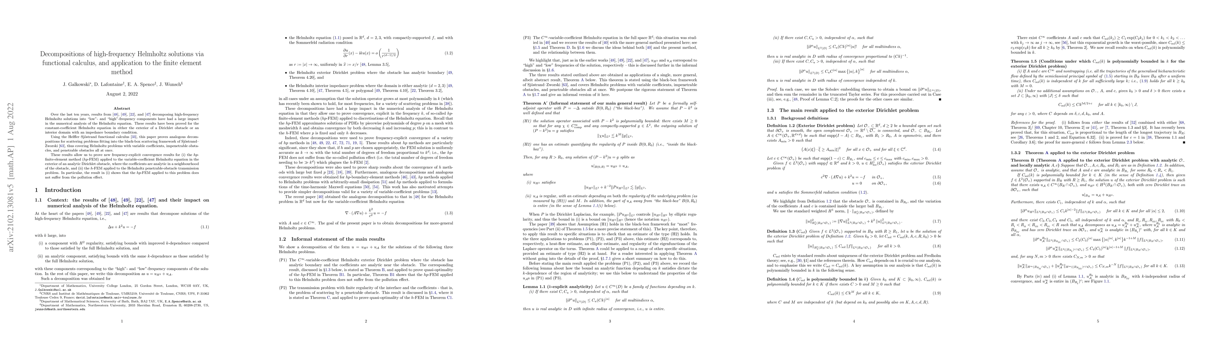 Thumbnail for Decompositions of high-frequency Helmholtz solutions via functional
  calculus, and application to the finite element method