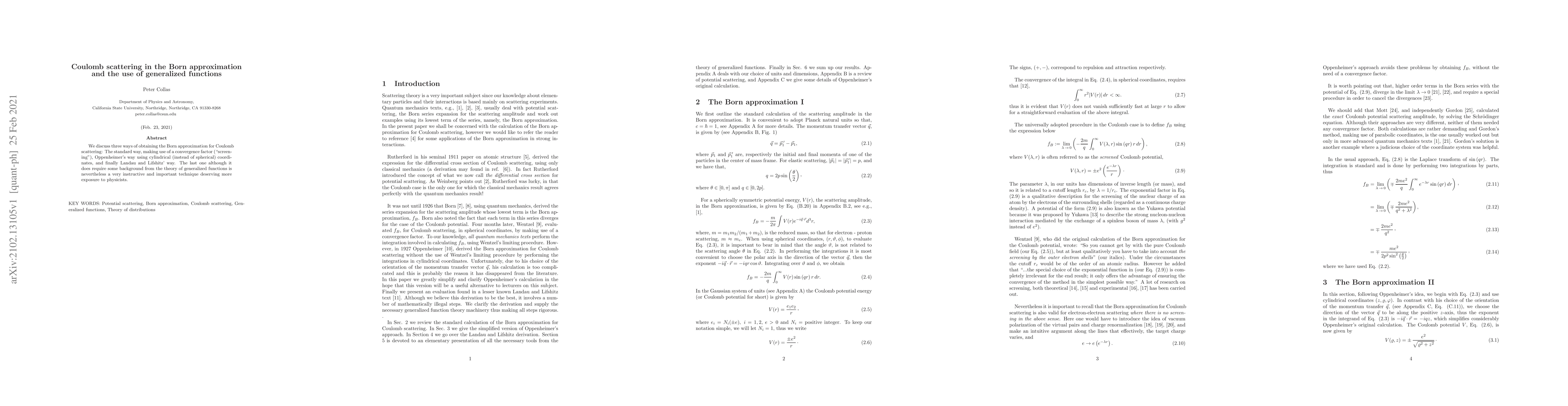 Thumbnail for Coulomb scattering in the Born approximation and the use of generalized
  functions