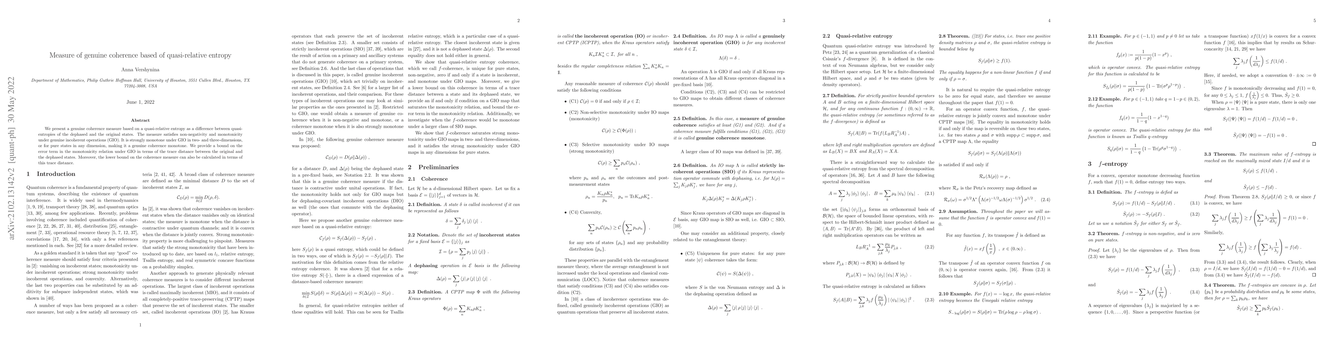 Thumbnail for Measure of genuine coherence based of quasi-relative entropy
