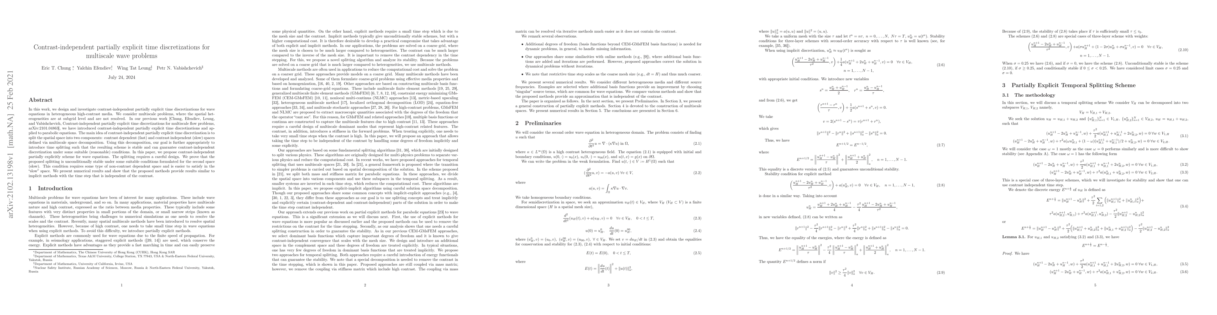 Thumbnail for Contrast-independent partially explicit time discretizations for
  multiscale wave problems
