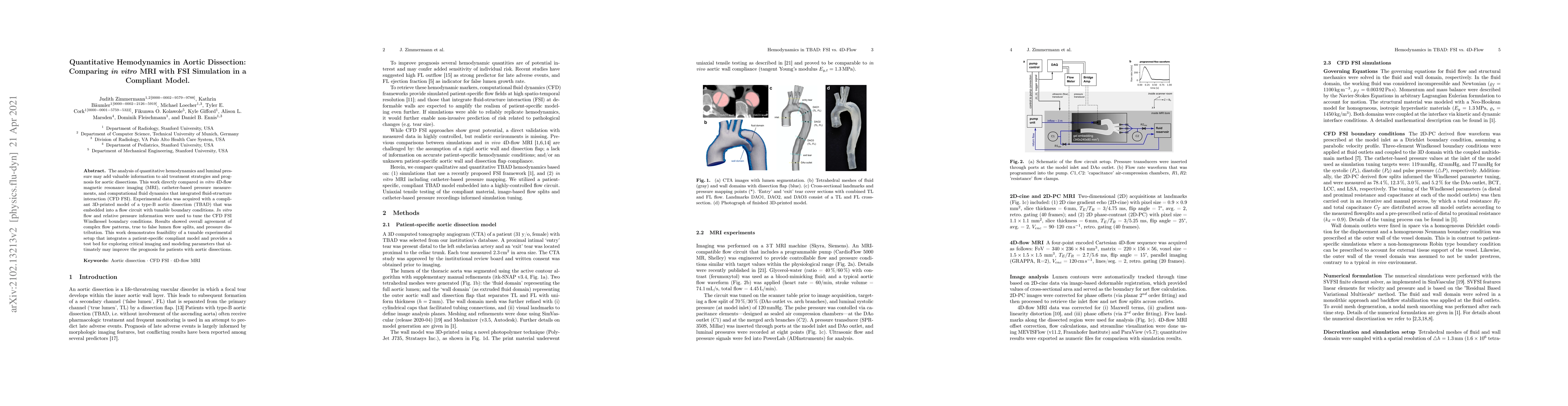 Thumbnail for Quantitative Hemodynamics in Aortic Dissection: Comparing in vitro MRI
  with FSI Simulation in a Compliant Model