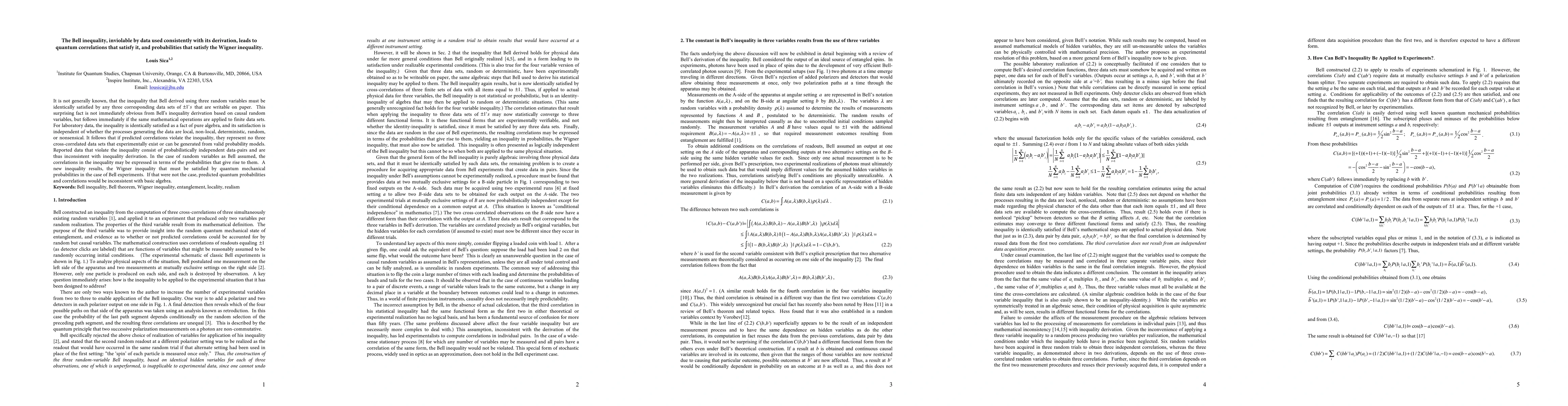 Thumbnail for The Bell inequality, inviolable by data used consistently with its
  derivation, leads to quantum correlations that satisfy it, and probabilities
  that satisfy the Wigner inequality