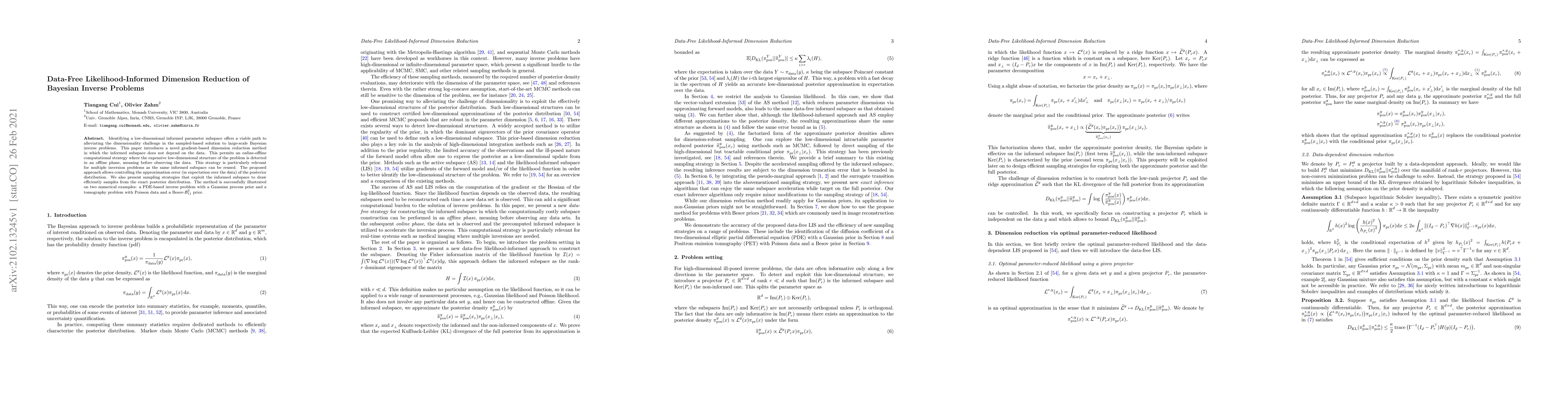 Thumbnail for Data-Free Likelihood-Informed Dimension Reduction of Bayesian Inverse
  Problems
