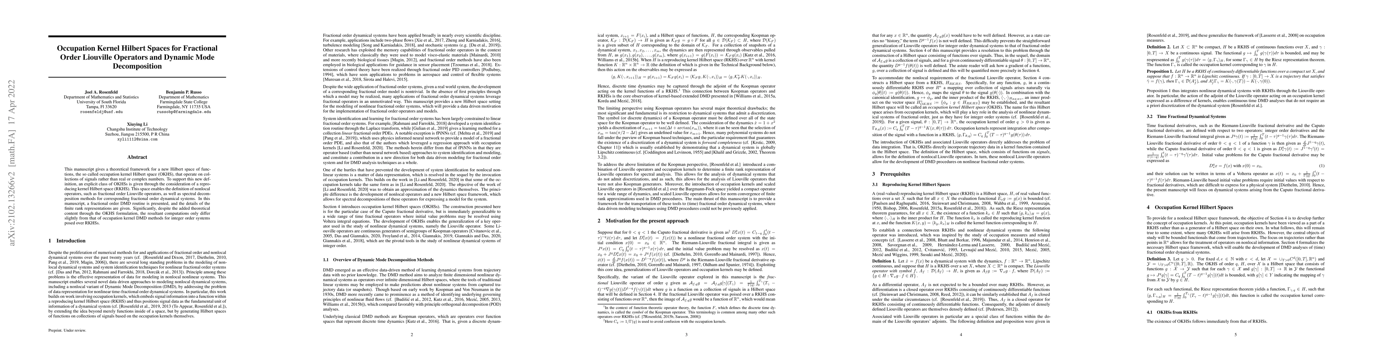 Thumbnail for Occupation Kernel Hilbert Spaces for Fractional Order Liouville
  Operators and Dynamic Mode Decomposition