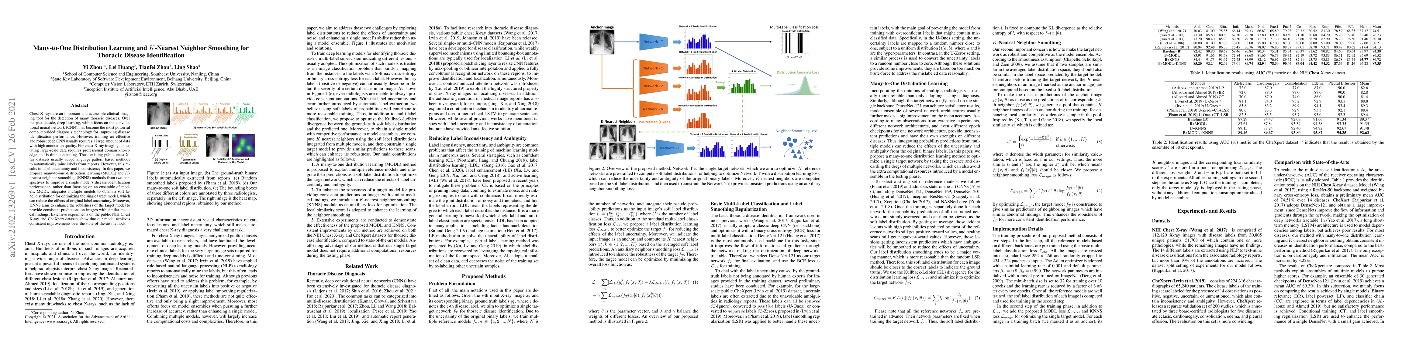 Thumbnail for Many-to-One Distribution Learning and K-Nearest Neighbor Smoothing for
  Thoracic Disease Identification