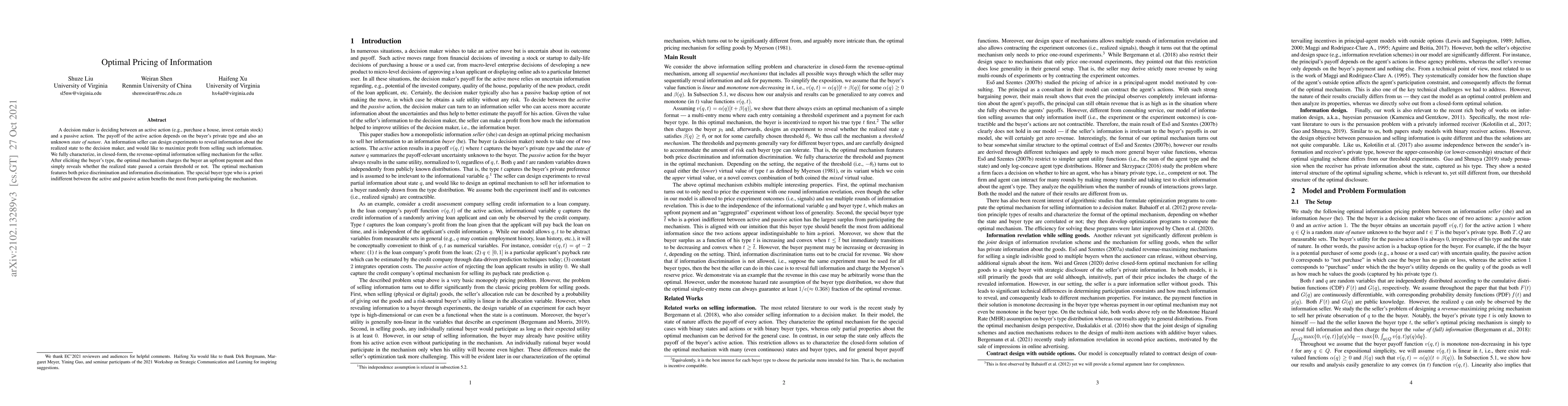 Thumbnail for Optimal Pricing of Information