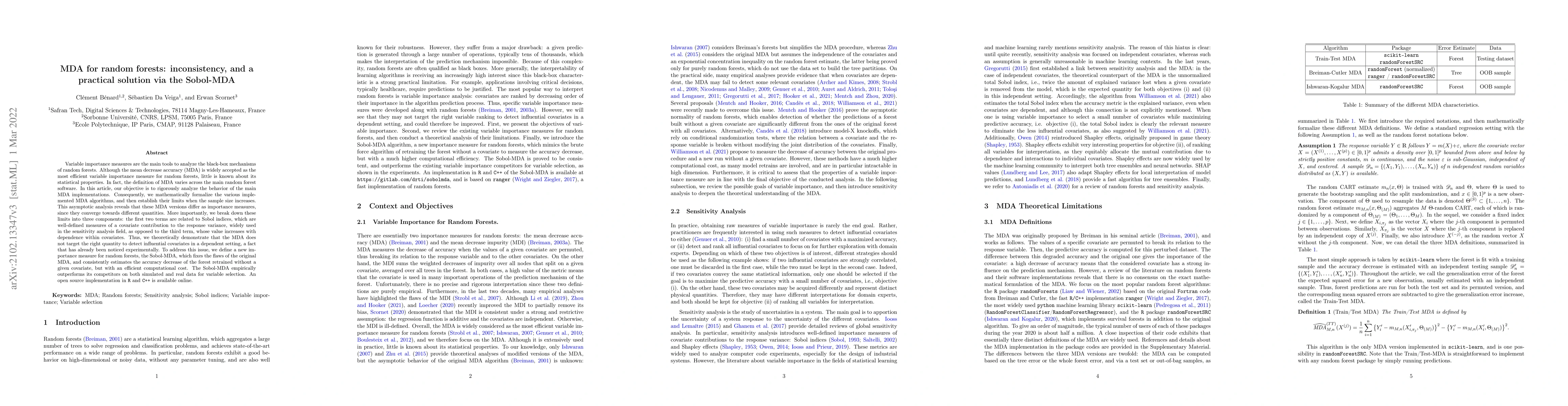 Thumbnail for MDA for random forests: inconsistency, and a practical solution via the
  Sobol-MDA