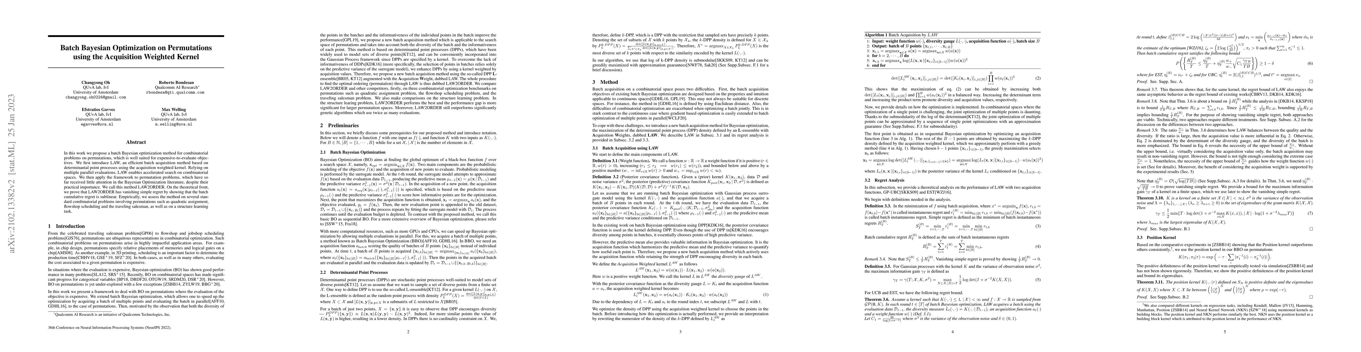 Thumbnail for Batch Bayesian Optimization on Permutations using the Acquisition
  Weighted Kernel