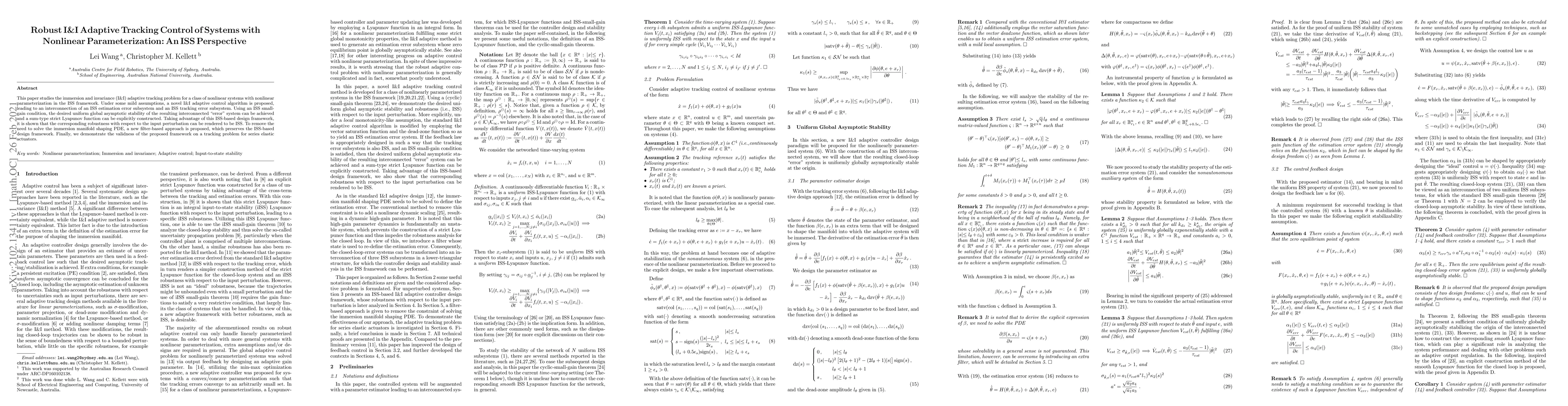 Thumbnail for Robust I&I Adaptive Tracking Control of Systems with Nonlinear
  Parameterization: An ISS Perspective