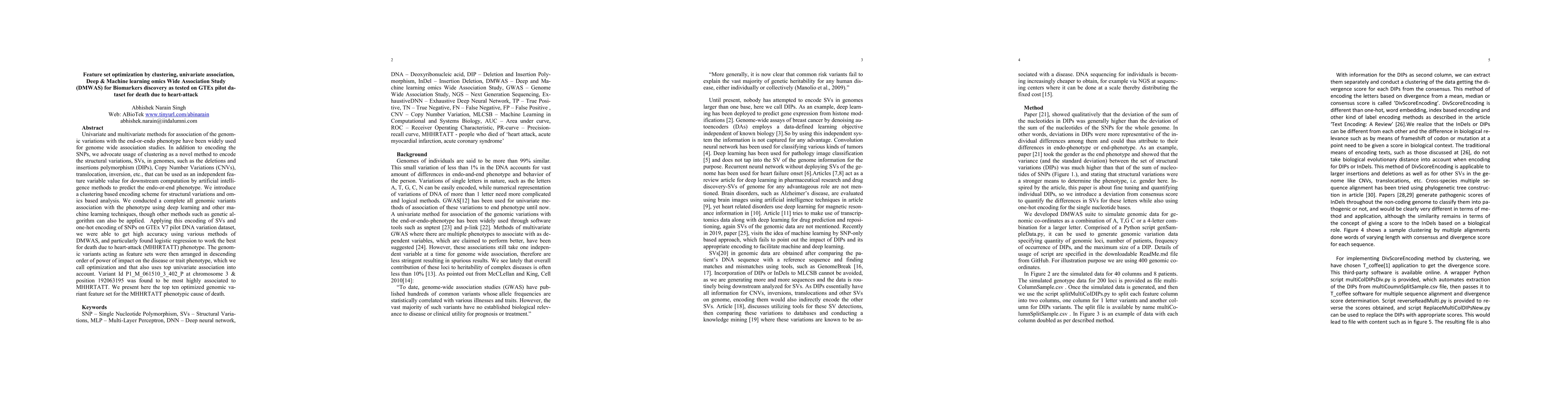 Thumbnail for Feature set optimization by clustering, univariate association, Deep &
  Machine learning omics Wide Association Study (DMWAS) for Biomarkers
  discovery as tested on GTEx pilot dataset for death due to heart attack