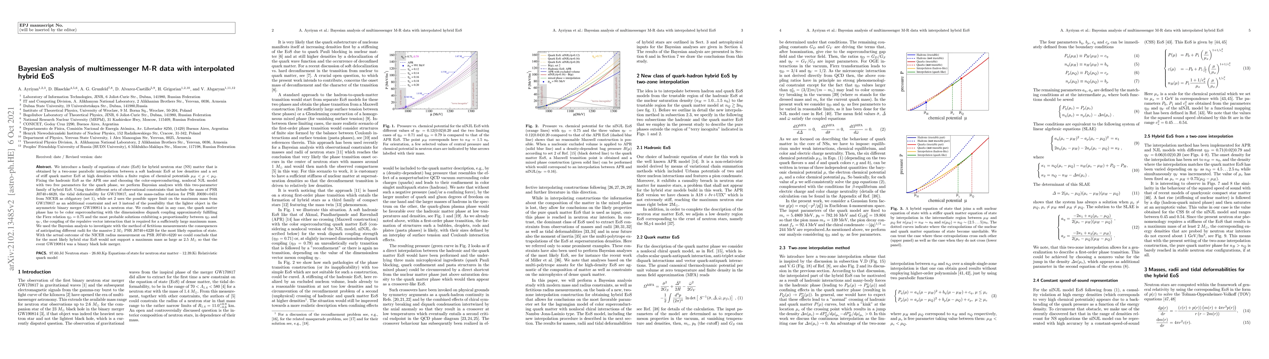 Thumbnail for Bayesian analysis of multimessenger M-R data with interpolated hybrid
  EoS