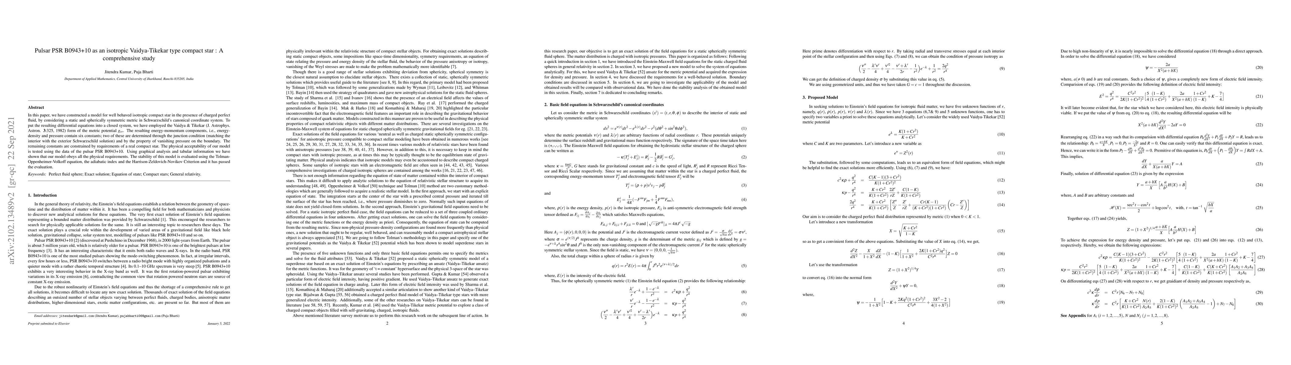 Thumbnail for Pulsar PSR B0943+10 as an isotropic Vaidya-Tikekar type compact star : A
  comprehensive study