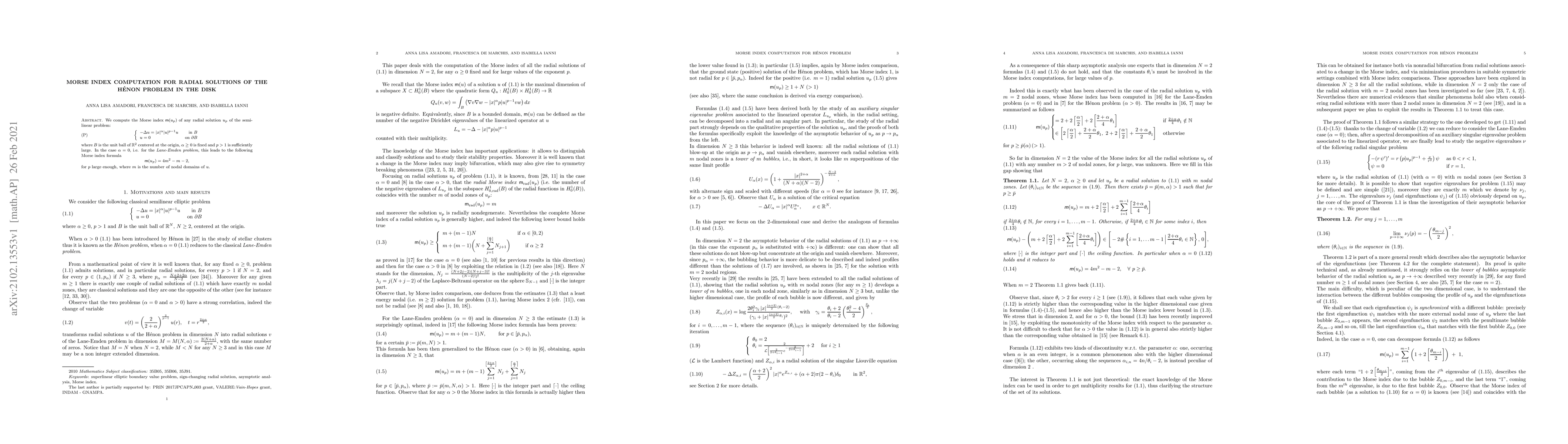 Thumbnail for Morse index computation for radial solutions of the {H\'e}non problem in
  the disk