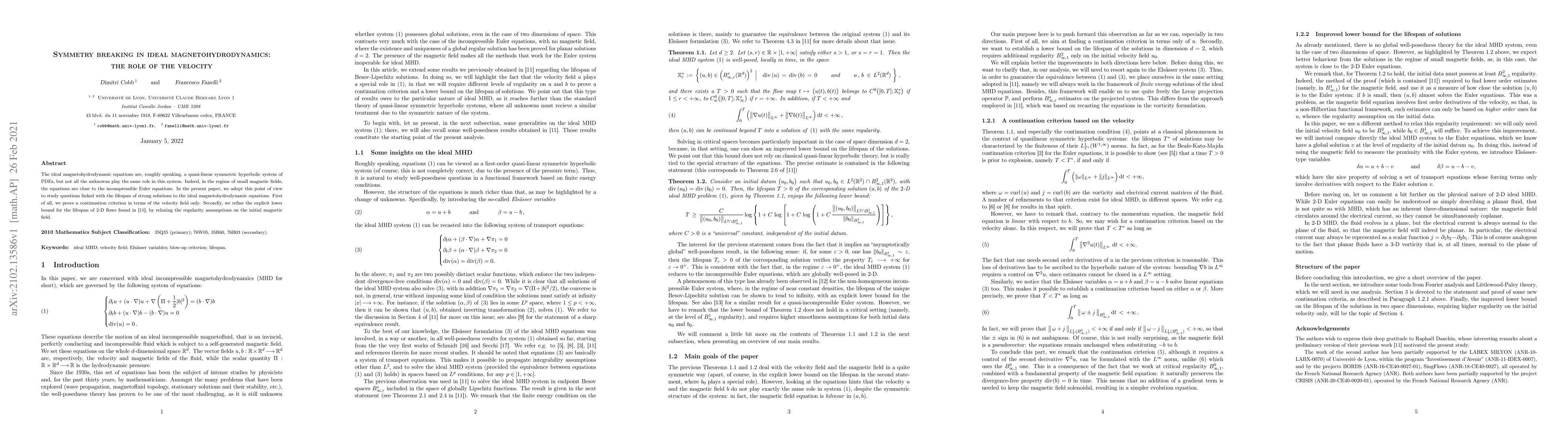 Thumbnail for Symmetry breaking in ideal magnetohydrodynamics: the role of the
  velocity