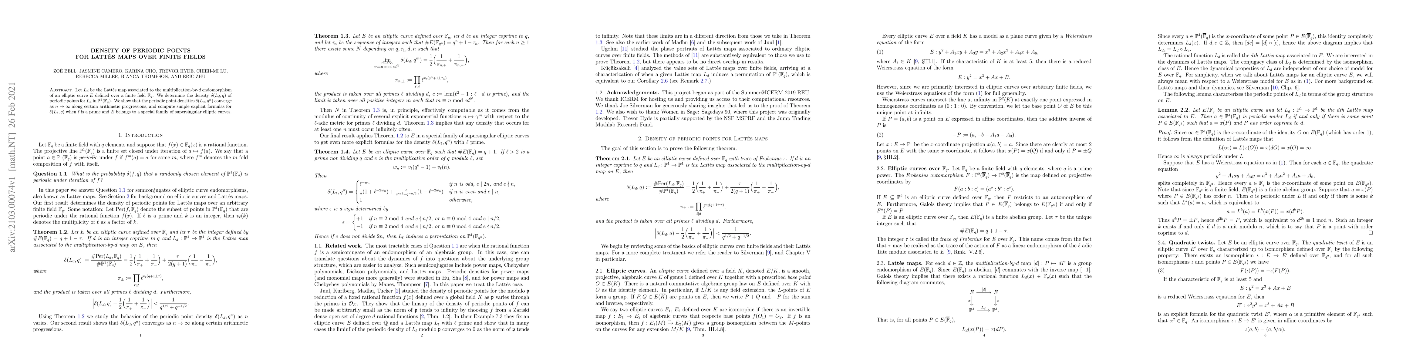 Thumbnail for Density of Periodic Points for Latt\`es maps over Finite Fields