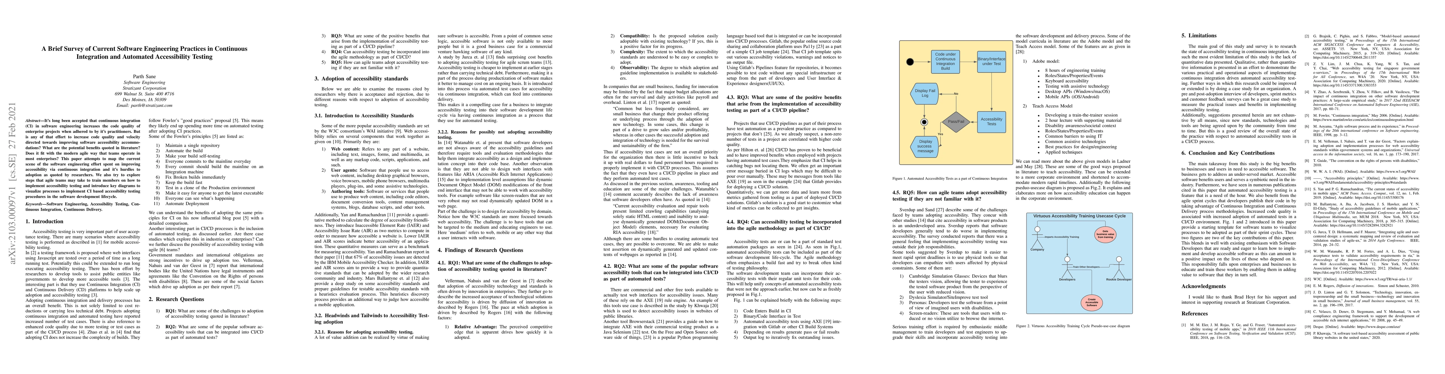 Thumbnail for A Brief Survey of Current Software Engineering Practices in Continuous
  Integration and Automated Accessibility Testing