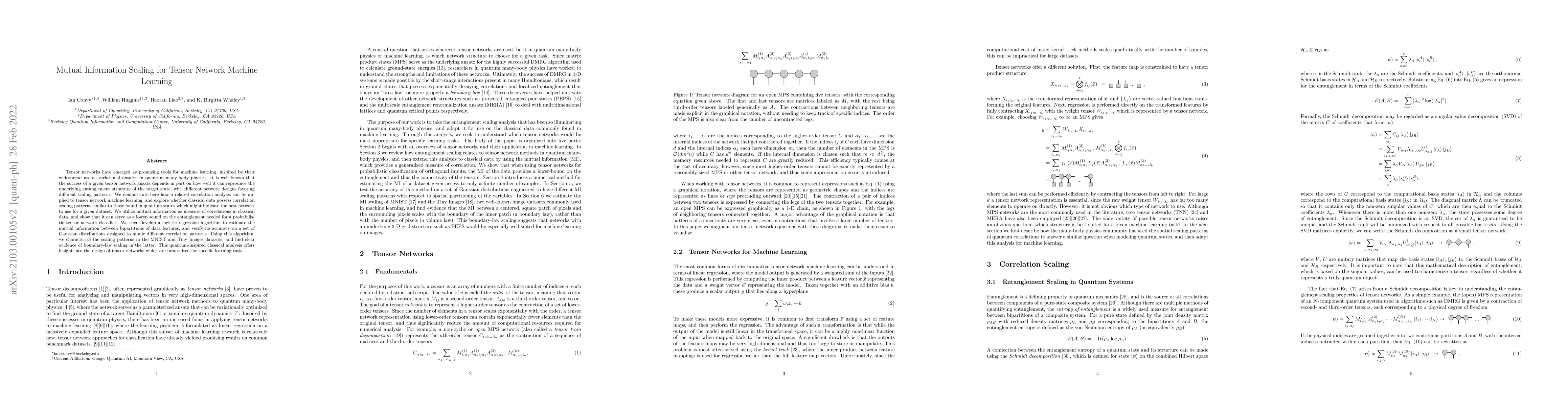 Thumbnail for Mutual Information Scaling for Tensor Network Machine Learning
