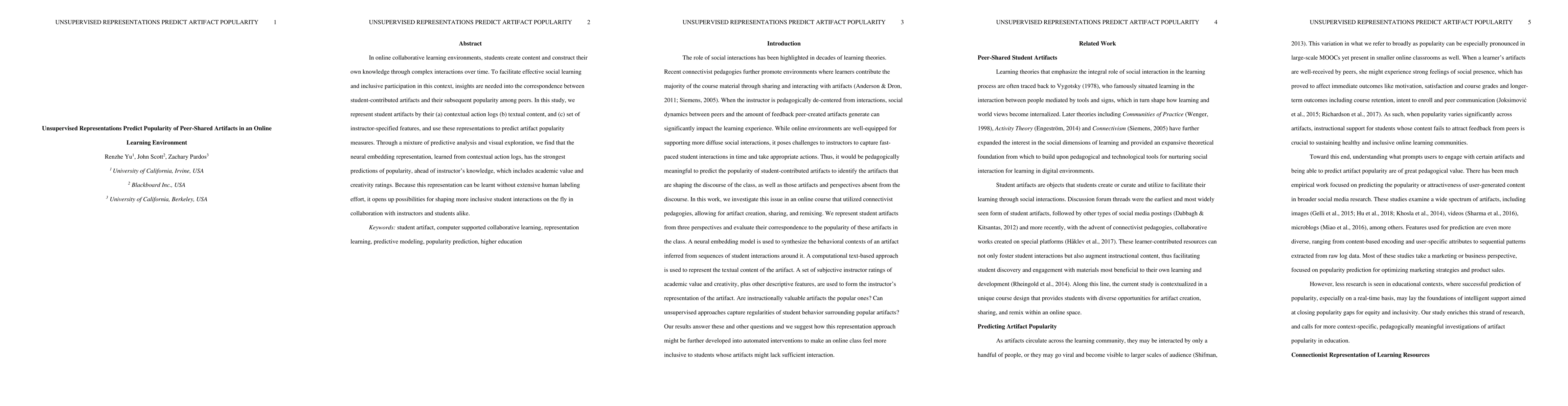 Thumbnail for Unsupervised Representations Predict Popularity of Peer-Shared Artifacts
  in an Online Learning Environment