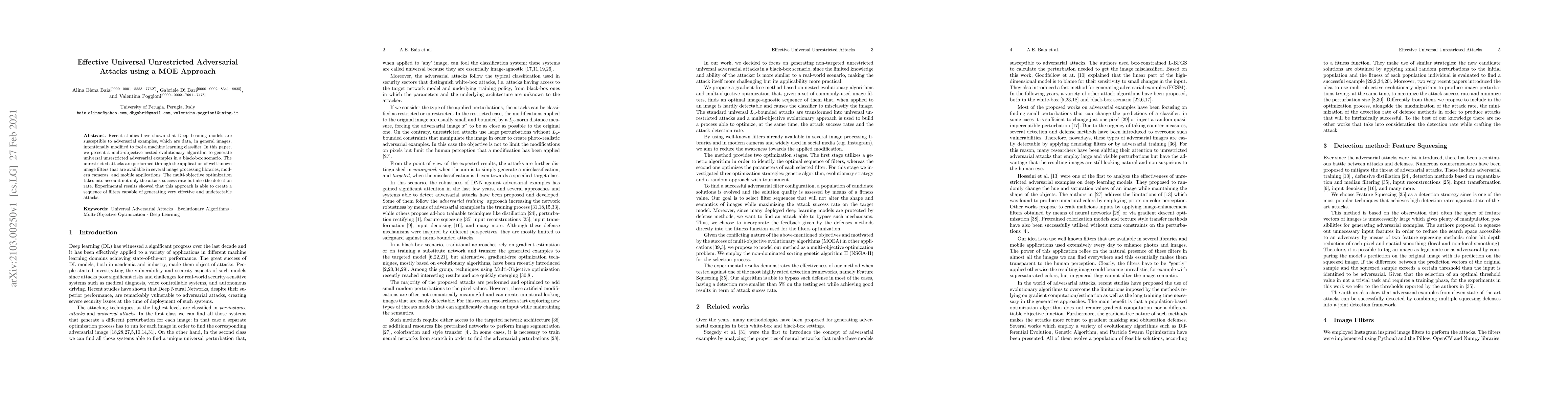 Thumbnail for Effective Universal Unrestricted Adversarial Attacks using a MOE
  Approach
