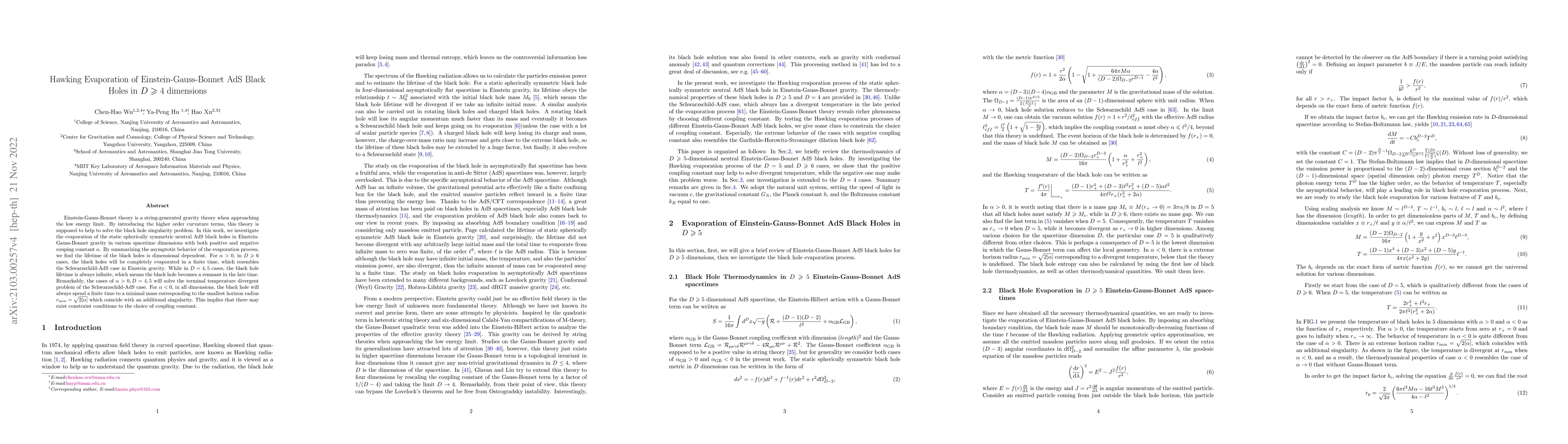 Thumbnail for Hawking evaporation of Einstein-Gauss-Bonnet AdS black holes in
  $D\geqslant 4$ dimensions