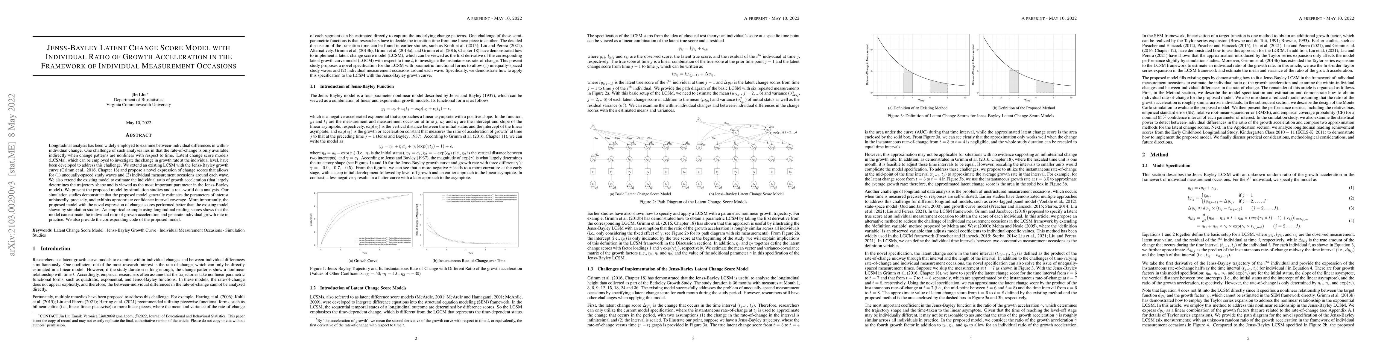 Thumbnail for Jenss-Bayley Latent Change Score Model with Individual Ratio of Growth
  Acceleration in the Framework of Individual Measurement Occasions