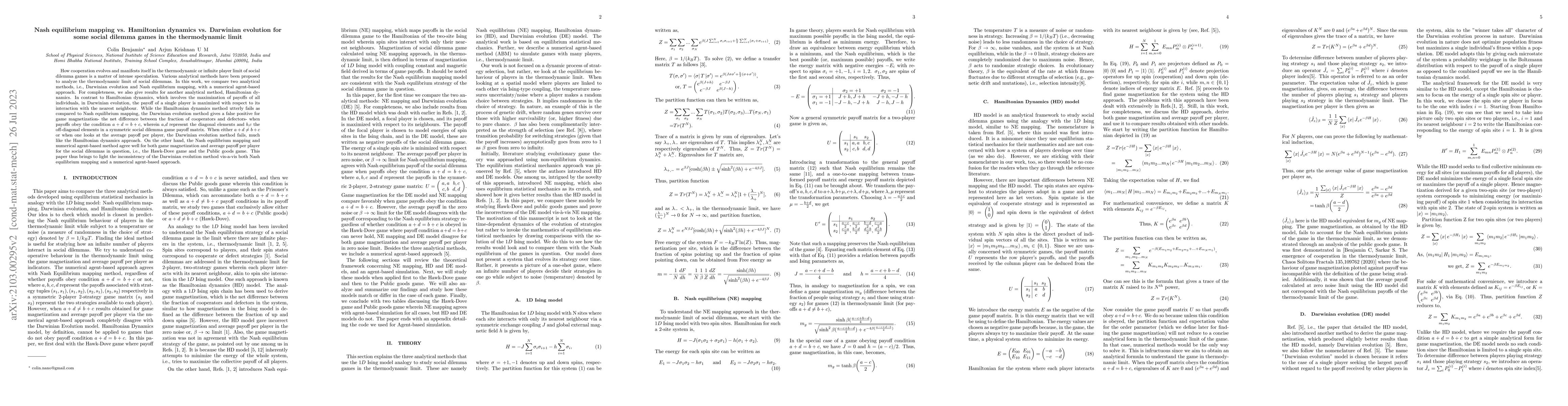 Thumbnail for Nash equilibrium mapping vs Hamiltonian dynamics vs Darwinian evolution
  for some social dilemma games in the thermodynamic limit