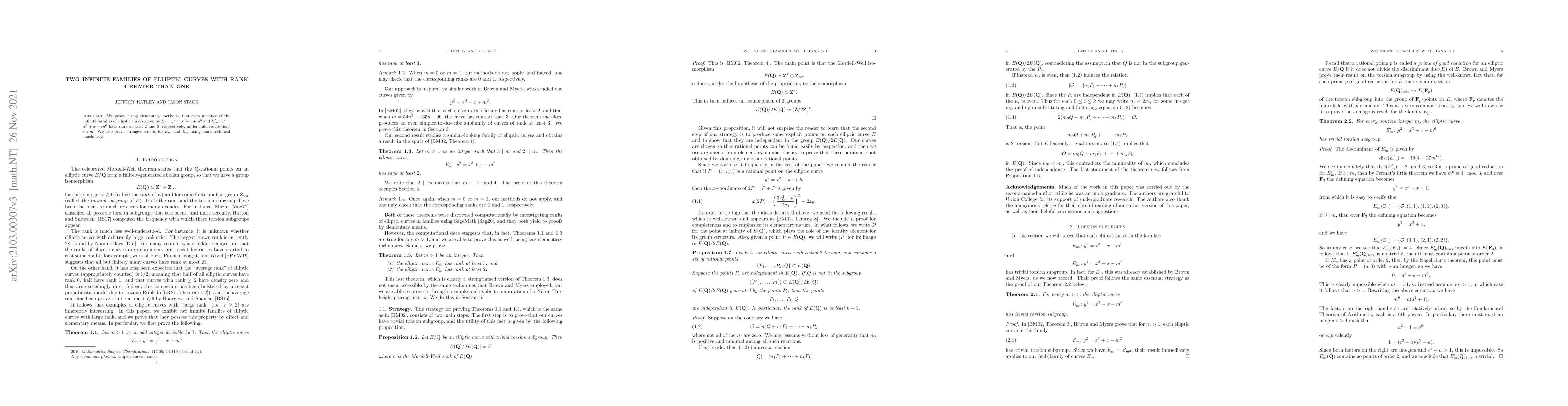 Thumbnail for Two infinite families of elliptic curves with rank greater than one